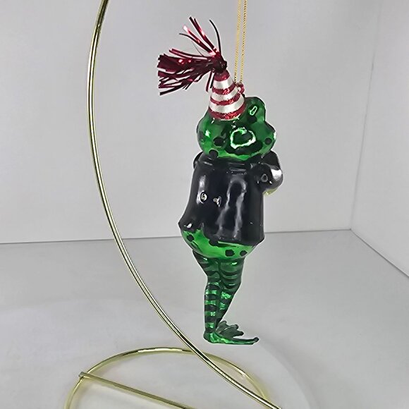 Frog Ornament Playing Trumpet With Party Hat & Tuxedo Glass - Picture 4 of 7